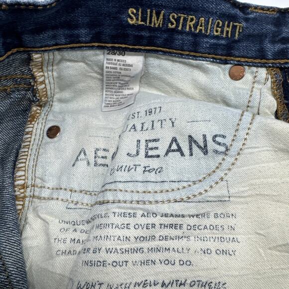 AEO Jeans Slim Straight Low Rise Men 30x29** Blue Fade Whiskers Stacks Casual - Picture 14 of 16